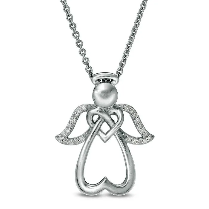 Necklaces Goldia 005 CT TW Natural Diamond Double Heart Angel Pendant in Sterling Silver Necklaces Goldia 005 CT TW Natural Diamond Double Heart Angel Pendant in Sterling Silver