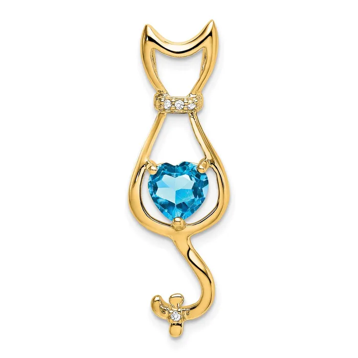 Necklaces Goldia 14K Yellow Gold Blue Topaz and Real Diamond Cat Pendant