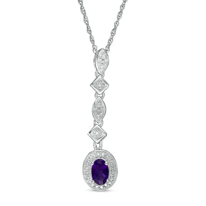 Necklaces Goldia Oval Amethyst and Natural Diamond Accent Geometric Drop Pendant in Sterling Silver Necklaces Goldia Oval Amethyst and Natural Diamond Accent Geometric Drop Pendant in Sterling Silver