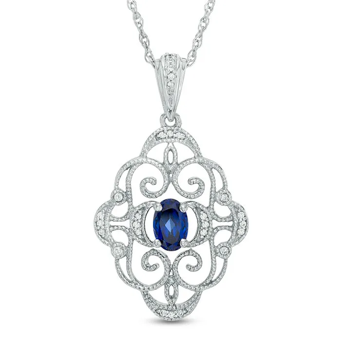 Necklaces Goldia Oval LabCreated Blue Sapphire and Diamond Accent Antique VintageStyle Scroll Pendant in Sterling Silver Necklaces Goldia Oval LabCreated Blue Sapphire and Diamond Accent Antique VintageStyle Scroll Pendant in Sterling Silver