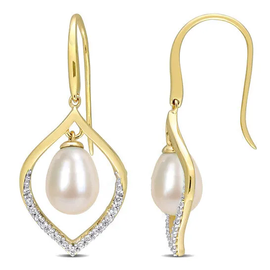 Original AMOUR 885mm Freshwater Cultured Pearl and 13 CT TGW White Topaz Open Hook Earrings In Yellow Plated Sterling Silver JMS always Earrings Original AMOUR 885mm Freshwater Cultured Pearl and 13 CT TGW White Topaz Open Hook Earrings In Yellow Plated Sterling Silver JMS always Earrings