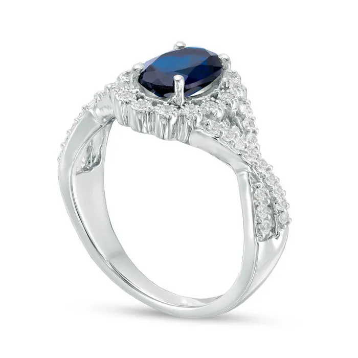 Oval LabCreated Blue and White Sapphire Scallop Frame Engagement Ring in Sterling Silver Goldia Rings Oval LabCreated Blue and White Sapphire Scallop Frame Engagement Ring in Sterling Silver Goldia Rings