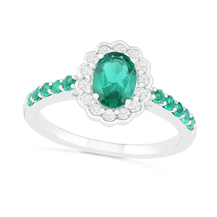 Oval LabCreated Emerald and White Sapphire Scallop Frame Ring in Sterling Silver Goldia Rings Oval LabCreated Emerald and White Sapphire Scallop Frame Ring in Sterling Silver Goldia Rings