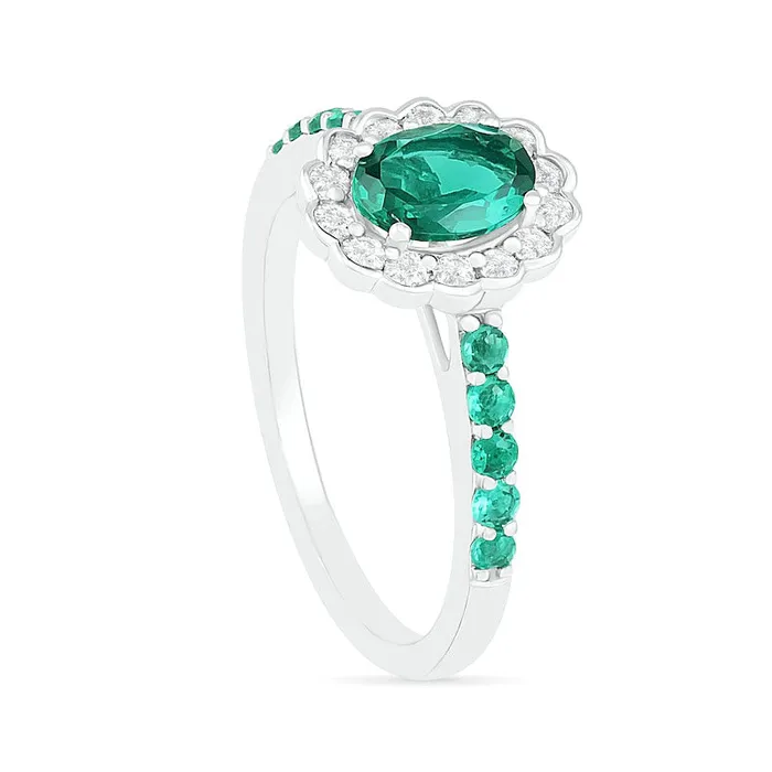 Oval LabCreated Emerald and White Sapphire Scallop Frame Ring in Sterling Silver Goldia Rings Oval LabCreated Emerald and White Sapphire Scallop Frame Ring in Sterling Silver Goldia Rings