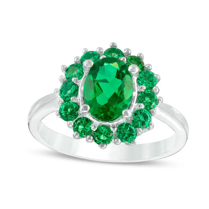 Oval LabCreated Emerald Sunburst Frame Ring in Sterling Silver Goldia Rings