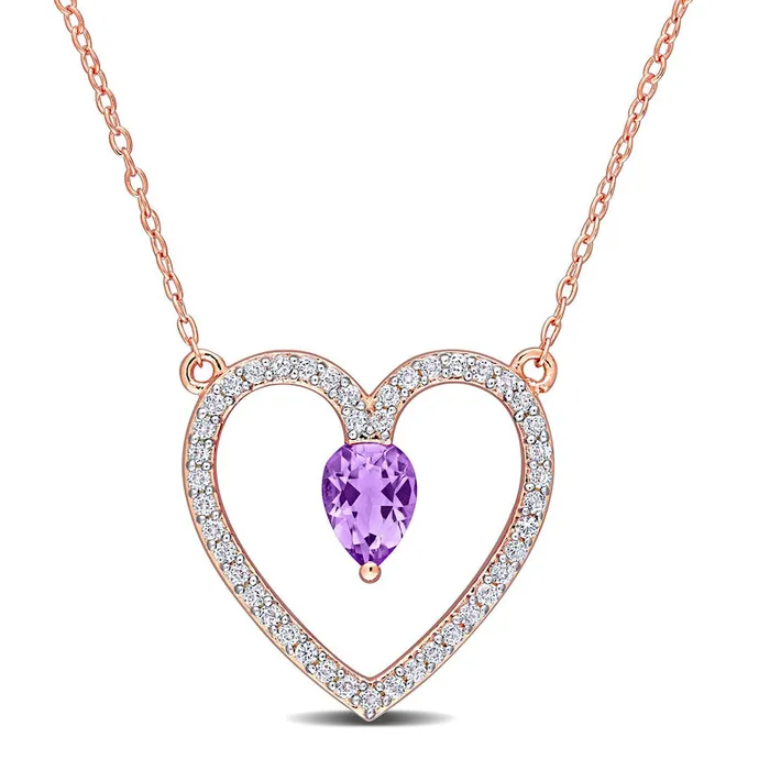 PearShaped Amethyst and White Topaz Heart Outline Necklace in Sterling Silver with Rose Rhodium 17 Goldia Necklaces PearShaped Amethyst and White Topaz Heart Outline Necklace in Sterling Silver with Rose Rhodium 17 Goldia Necklaces