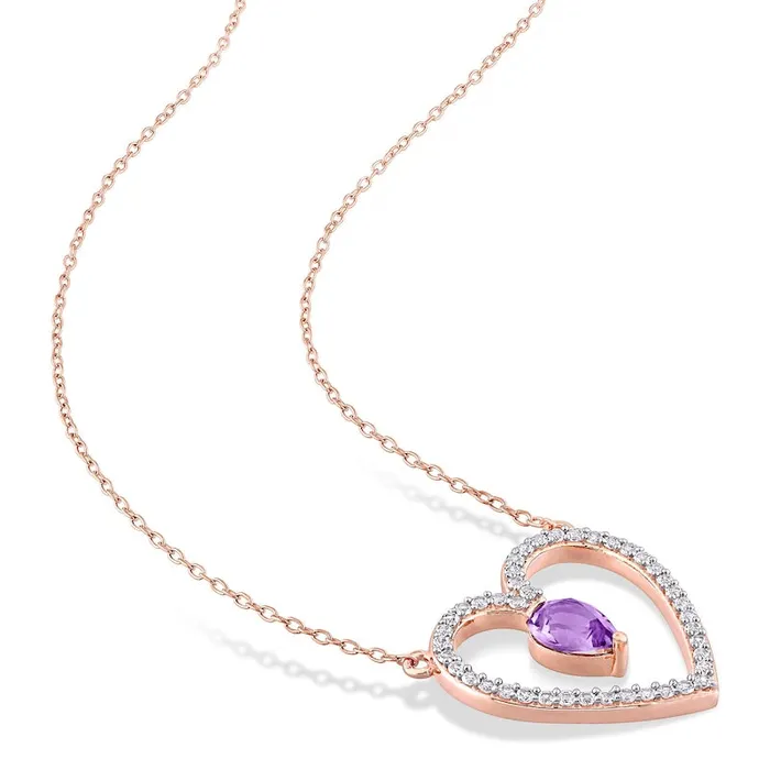 PearShaped Amethyst and White Topaz Heart Outline Necklace in Sterling Silver with Rose Rhodium 17 Goldia Necklaces PearShaped Amethyst and White Topaz Heart Outline Necklace in Sterling Silver with Rose Rhodium 17 Goldia Necklaces