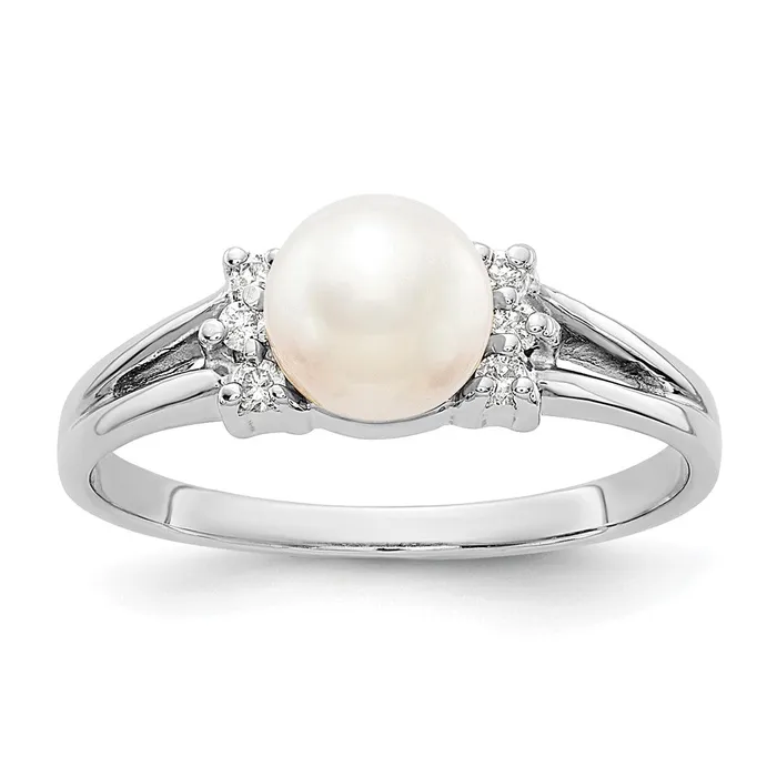 Rings 14k White Gold 6mm FW Cultured Pearl AA Diamond ring Goldia