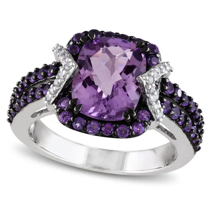 Rings CushionCut Amethyst and 017 CT TW Natural Diamond Ring in Sterling Silver with Black Rhodium Goldia Rings CushionCut Amethyst and 017 CT TW Natural Diamond Ring in Sterling Silver with Black Rhodium Goldia