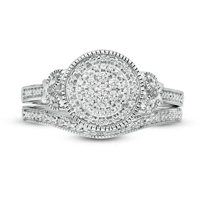 Rings Goldia 020 CT TW Composite Natural Diamond Double Frame LeafSides Antique VintageStyle Bridal Engagement Ring Set in Sterling Silver Rings Goldia 020 CT TW Composite Natural Diamond Double Frame LeafSides Antique VintageStyle Bridal Engagement Ring Set in Sterling Silver