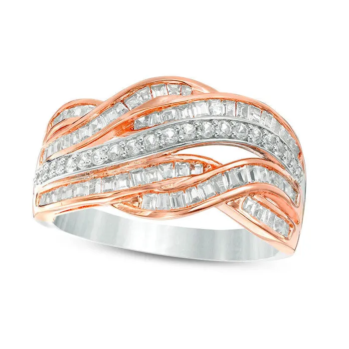 Rings Goldia 063 CT TW Baguette and Round Natural Diamond Layered Wave Ring in Solid 10K TwoTone Gold Rings Goldia 063 CT TW Baguette and Round Natural Diamond Layered Wave Ring in Solid 10K TwoTone Gold