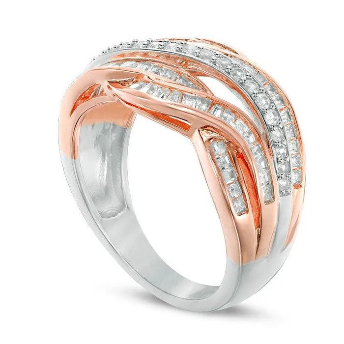 Rings Goldia 063 CT TW Baguette and Round Natural Diamond Layered Wave Ring in Solid 10K TwoTone Gold Rings Goldia 063 CT TW Baguette and Round Natural Diamond Layered Wave Ring in Solid 10K TwoTone Gold