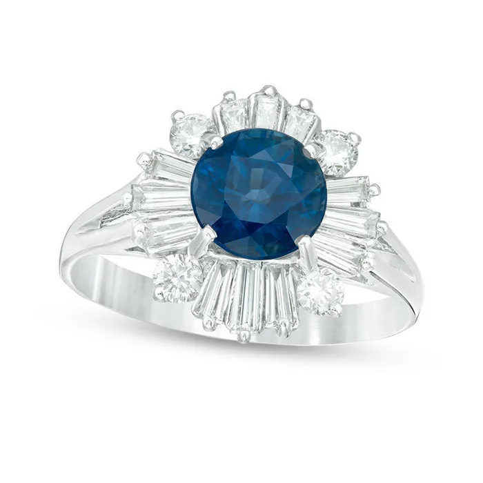 Rings Goldia 70mm Blue Sapphire and 063 CT TW Natural Diamond Sunburst Frame Split Shank Ring in Solid 14K White Gold Rings Goldia 70mm Blue Sapphire and 063 CT TW Natural Diamond Sunburst Frame Split Shank Ring in Solid 14K White Gold