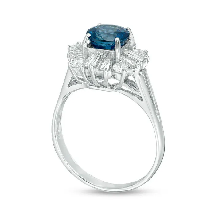 Rings Goldia 70mm Blue Sapphire and 063 CT TW Natural Diamond Sunburst Frame Split Shank Ring in Solid 14K White Gold Rings Goldia 70mm Blue Sapphire and 063 CT TW Natural Diamond Sunburst Frame Split Shank Ring in Solid 14K White Gold
