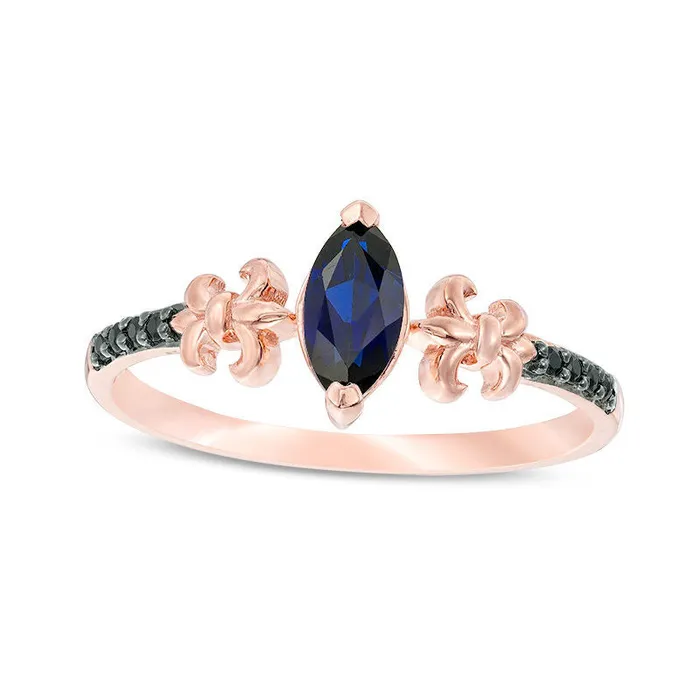 Rings Goldia Marquise LabCreated Blue Sapphire and 005 CT TW Enhanced Black Diamond FleurdeLis Promise Ring in Solid 10K Rose Gold Rings Goldia Marquise LabCreated Blue Sapphire and 005 CT TW Enhanced Black Diamond FleurdeLis Promise Ring in Solid 10K Rose Gold