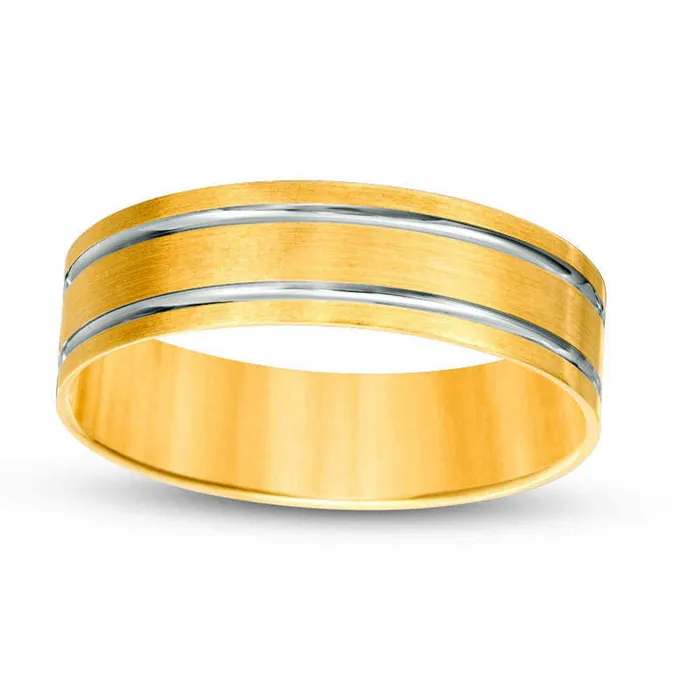Rings Goldia Mens 60mm Brushed Double Stripe Comfort Fit Wedding Band in Solid 10K Yellow Gold with White Rhodium Rings Goldia Mens 60mm Brushed Double Stripe Comfort Fit Wedding Band in Solid 10K Yellow Gold with White Rhodium