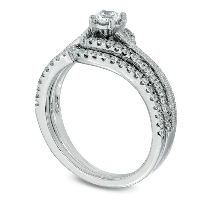 Rings Goldia Previously Owned 050 CT TW Natural Diamond Milgrain Swirl Frame Bridal Engagement Ring Set in Solid 10K White Gold Rings Goldia Previously Owned 050 CT TW Natural Diamond Milgrain Swirl Frame Bridal Engagement Ring Set in Solid 10K White Gold