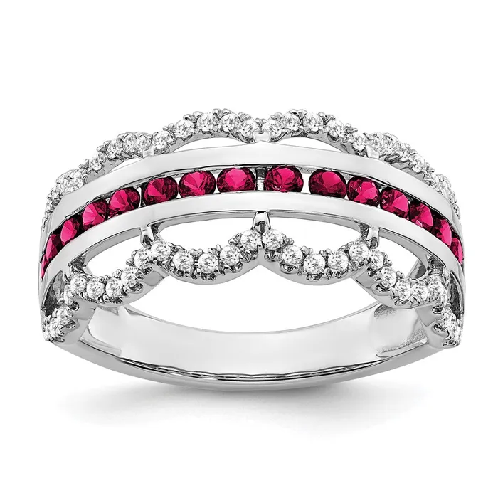 Rings Goldia Solid 14k White Gold Created Simulated Ruby and CZ Scallop Ring Rings Goldia Solid 14k White Gold Created Simulated Ruby and CZ Scallop Ring