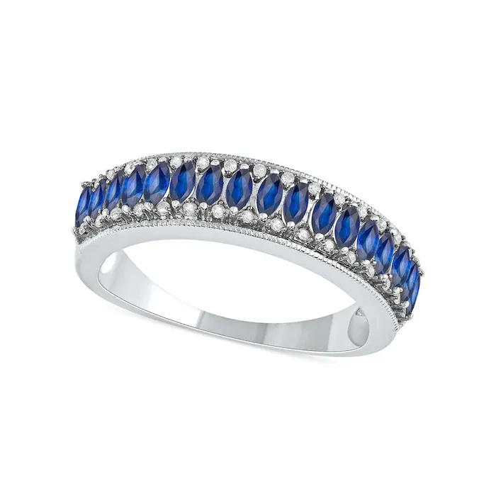 Rings Marquise Blue Sapphire and 010 CT TW Natural Diamond Border Triple Row Antique VintageStyle Ring in Solid 10K White Gold Goldia Rings Marquise Blue Sapphire and 010 CT TW Natural Diamond Border Triple Row Antique VintageStyle Ring in Solid 10K White Gold Goldia