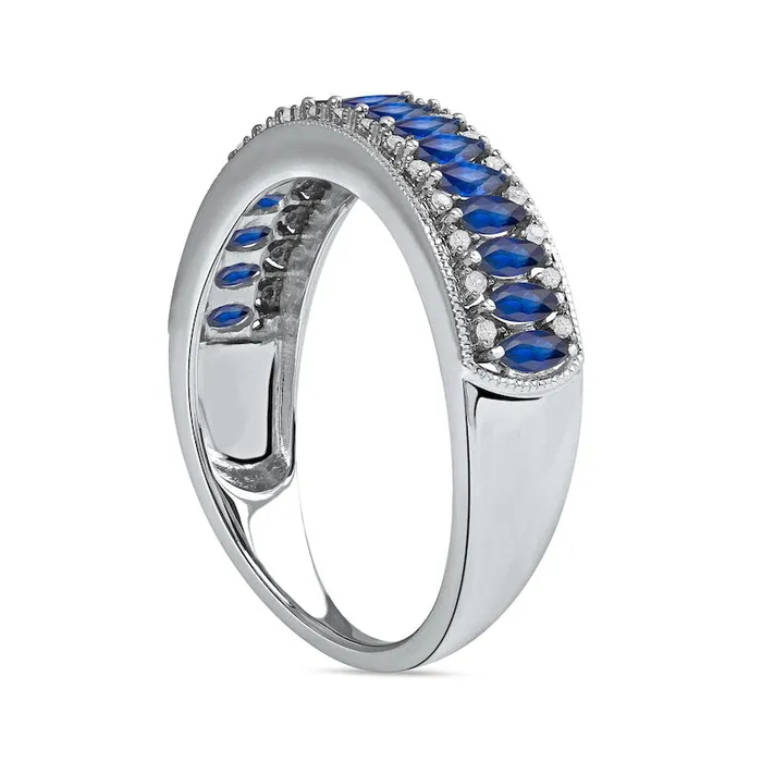 Rings Marquise Blue Sapphire and 010 CT TW Natural Diamond Border Triple Row Antique VintageStyle Ring in Solid 10K White Gold Goldia Rings Marquise Blue Sapphire and 010 CT TW Natural Diamond Border Triple Row Antique VintageStyle Ring in Solid 10K White Gold Goldia