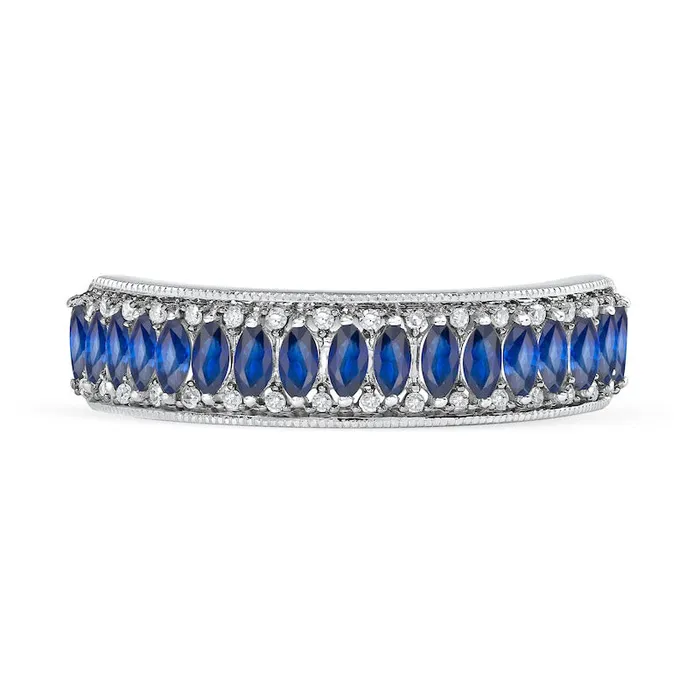 Rings Marquise Blue Sapphire and 010 CT TW Natural Diamond Border Triple Row Antique VintageStyle Ring in Solid 10K White Gold Goldia Rings Marquise Blue Sapphire and 010 CT TW Natural Diamond Border Triple Row Antique VintageStyle Ring in Solid 10K White Gold Goldia