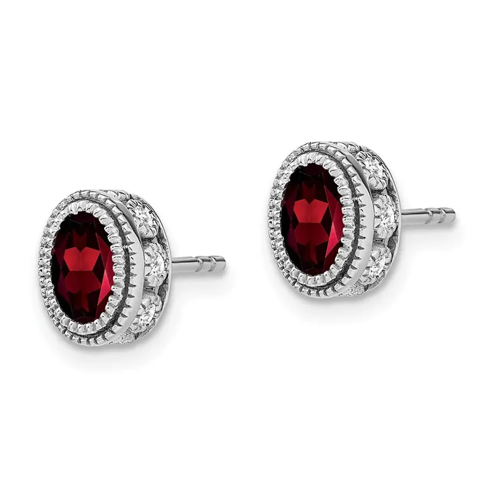 Solid 14k White Gold Oval Simulated Garnet and CZ Earrings Goldia Earrings