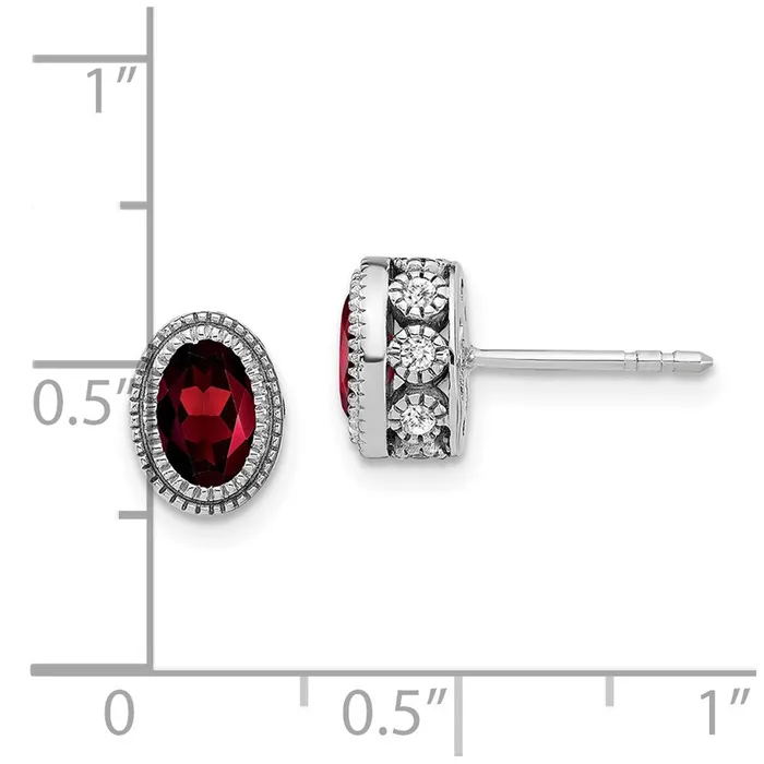 Solid 14k White Gold Oval Simulated Garnet and CZ Earrings Goldia Earrings