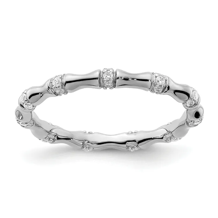 Solid 14k White Gold Simulated CZ Fancy Bamboo Ring Goldia Rings