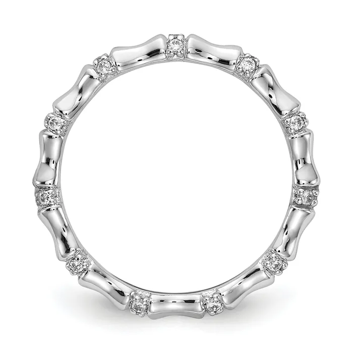 Solid 14k White Gold Simulated CZ Fancy Bamboo Ring Goldia Rings