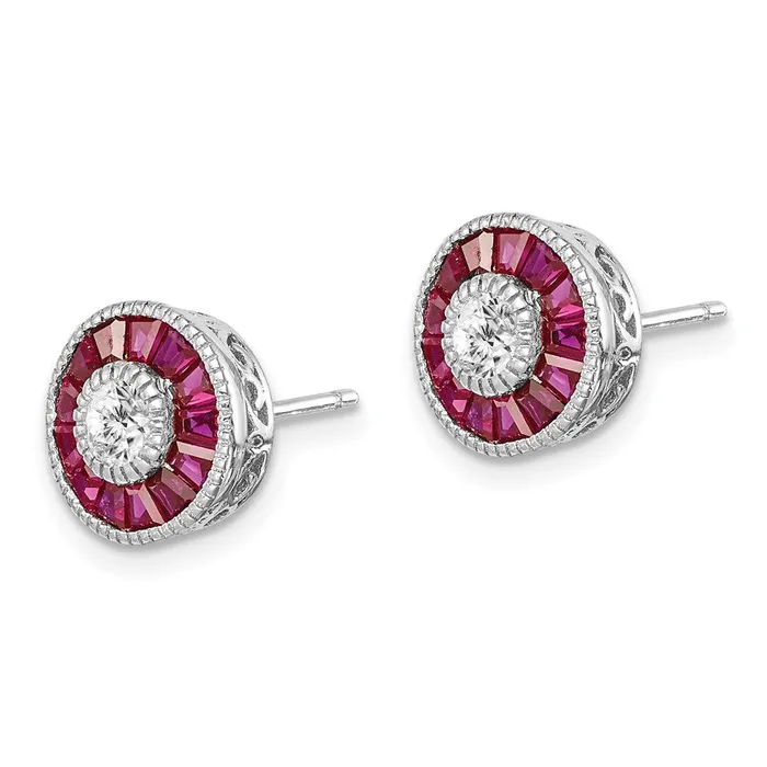 Sterling Silver Rhodiumplated CZ Created Ruby Halo Post Earrings Goldia Earrings