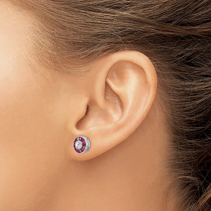 Sterling Silver Rhodiumplated CZ Created Ruby Halo Post Earrings Goldia Earrings