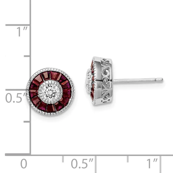 Sterling Silver Rhodiumplated CZ Created Ruby Halo Post Earrings Goldia Earrings