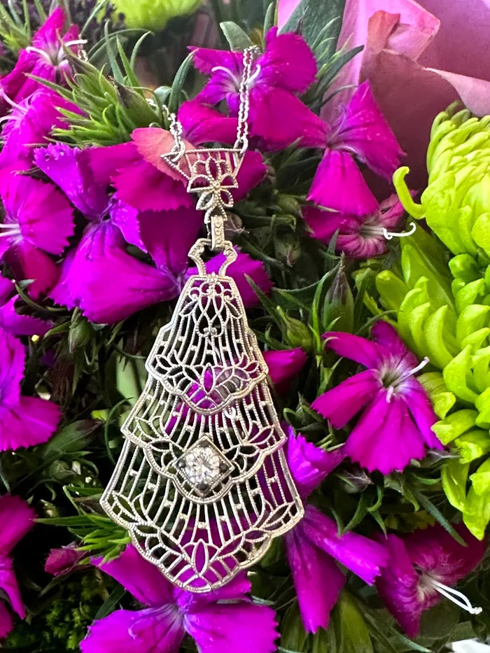 Art Deco Filigree and Diamond Necklace 16500170 ONeills Estate Jewelry Necklaces Art Deco Filigree and Diamond Necklace 16500170 ONeills Estate Jewelry Necklaces