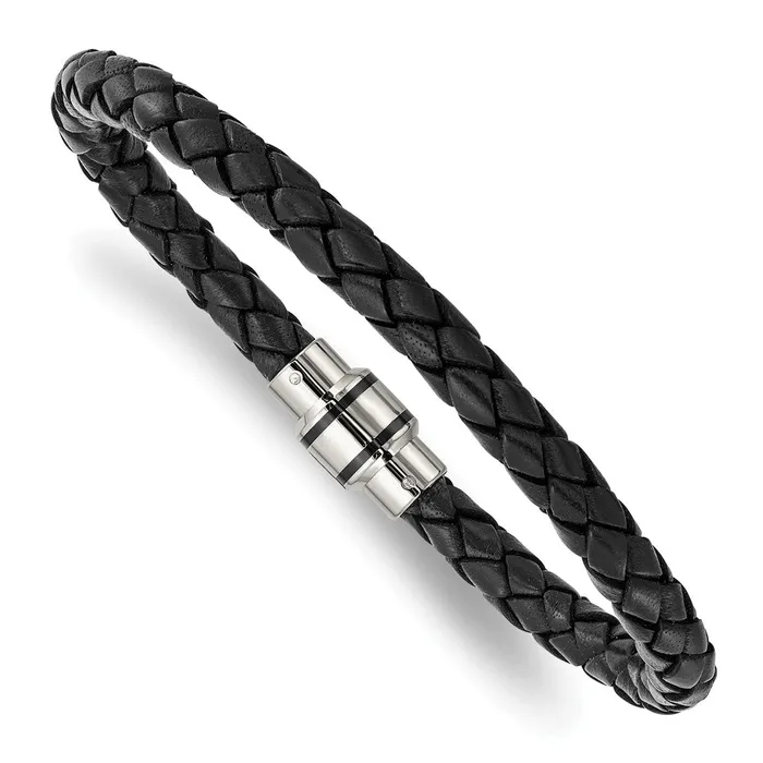Bracelets TreasureFineJewelers Chisel Stainless Steel Polished Black IPplated Black Braided Leather 9 inch Bracelet Bracelets TreasureFineJewelers Chisel Stainless Steel Polished Black IPplated Black Braided Leather 9 inch Bracelet