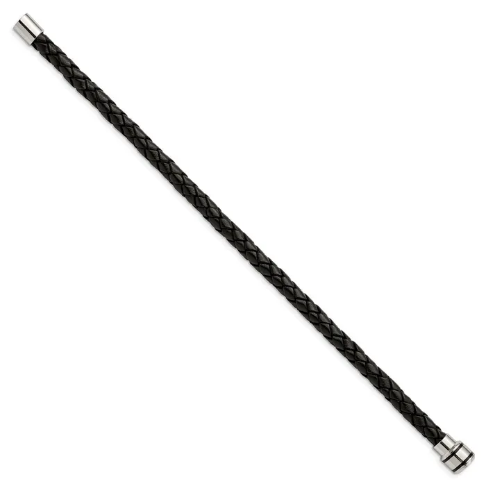 Bracelets TreasureFineJewelers Chisel Stainless Steel Polished Black IPplated Black Braided Leather 9 inch Bracelet