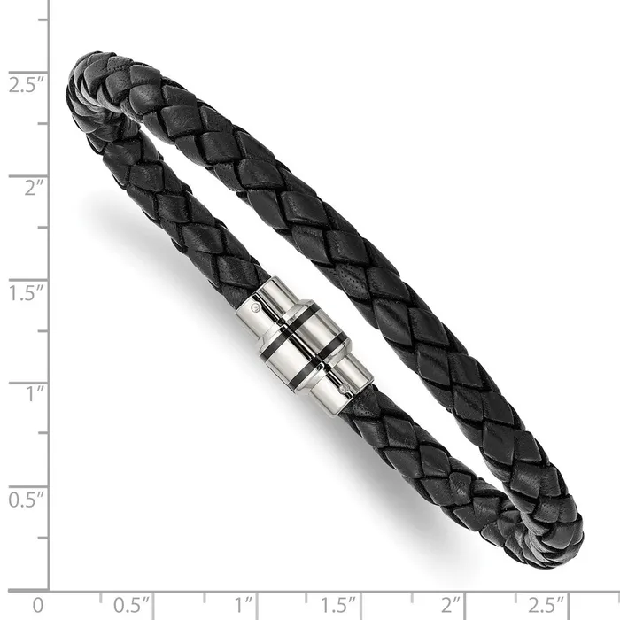 Bracelets TreasureFineJewelers Chisel Stainless Steel Polished Black IPplated Black Braided Leather 9 inch Bracelet