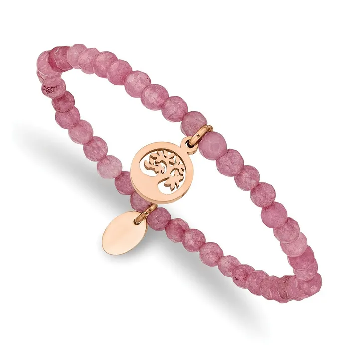 Bracelets TreasureFineJewelers Chisel Stainless Steel Polished Rose IPplated Tree 4mm Pink Jade Beaded Stretch Bracelet Bracelets TreasureFineJewelers Chisel Stainless Steel Polished Rose IPplated Tree 4mm Pink Jade Beaded Stretch Bracelet