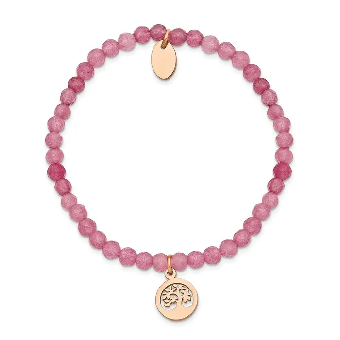 Bracelets TreasureFineJewelers Chisel Stainless Steel Polished Rose IPplated Tree 4mm Pink Jade Beaded Stretch Bracelet