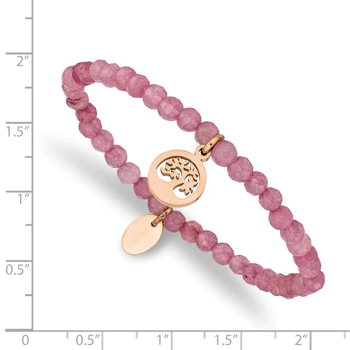 Bracelets TreasureFineJewelers Chisel Stainless Steel Polished Rose IPplated Tree 4mm Pink Jade Beaded Stretch Bracelet