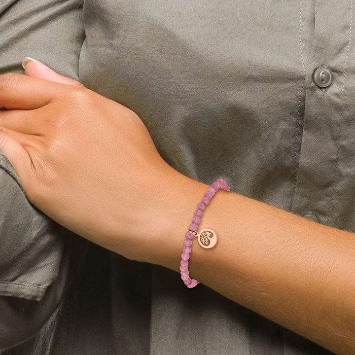Bracelets TreasureFineJewelers Chisel Stainless Steel Polished Rose IPplated Tree 4mm Pink Jade Beaded Stretch Bracelet