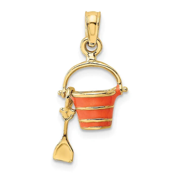 Charm Necklaces TreasureFineJewelers 14K 2D Orange Enameled Beach Bucket wMoveable Shovel Charm Charm Necklaces TreasureFineJewelers 14K 2D Orange Enameled Beach Bucket wMoveable Shovel Charm
