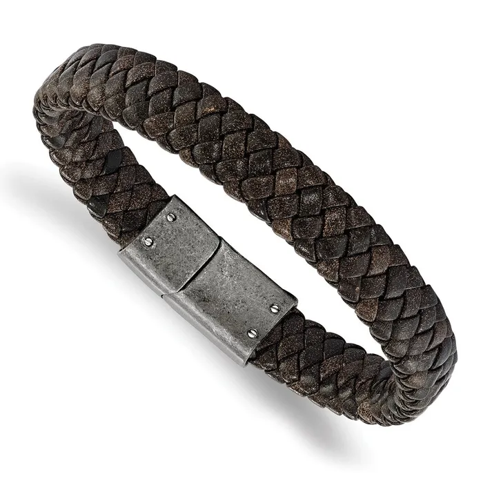 Chisel Stainless Steel Antiqued and Brushed Brown Braided Leather 825 inch Bracelet TreasureFineJewelers Bracelets Chisel Stainless Steel Antiqued and Brushed Brown Braided Leather 825 inch Bracelet TreasureFineJewelers Bracelets