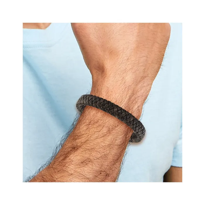 Chisel Stainless Steel Antiqued and Brushed Brown Braided Leather 825 inch Bracelet TreasureFineJewelers Bracelets