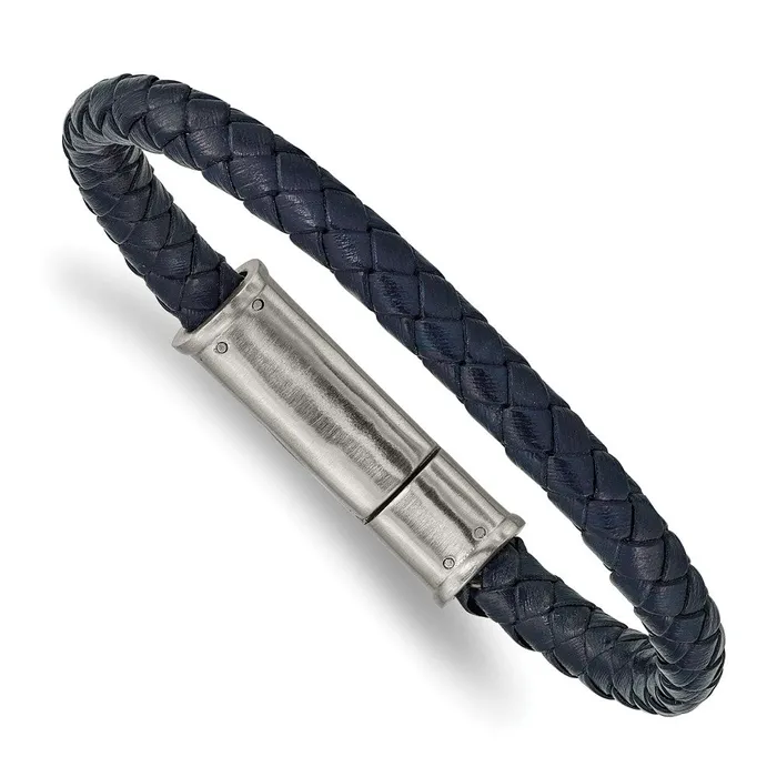 Chisel Stainless Steel Brushed Navy Blue Braided Leather 825 inch Bracelet TreasureFineJewelers Bracelets Chisel Stainless Steel Brushed Navy Blue Braided Leather 825 inch Bracelet TreasureFineJewelers Bracelets