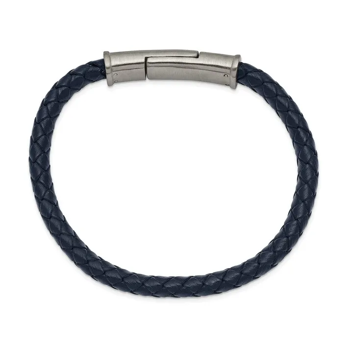 Chisel Stainless Steel Brushed Navy Blue Braided Leather 825 inch Bracelet TreasureFineJewelers Bracelets