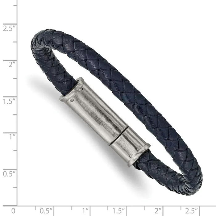 Chisel Stainless Steel Brushed Navy Blue Braided Leather 825 inch Bracelet TreasureFineJewelers Bracelets