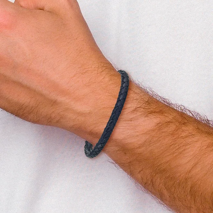 Chisel Stainless Steel Brushed Navy Blue Braided Leather 825 inch Bracelet TreasureFineJewelers Bracelets