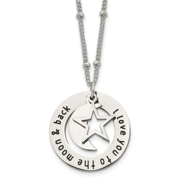 Chisel Stainless Steel Polished Enameled I LOVE YOU TO THE MOON BACK with Moon and Star Pendant on a 20in Beaded Chain Necklace TreasureFineJewelers Necklaces Chisel Stainless Steel Polished Enameled I LOVE YOU TO THE MOON BACK with Moon and Star Pendant on a 20in Beaded Chain Necklace TreasureFineJewelers Necklaces