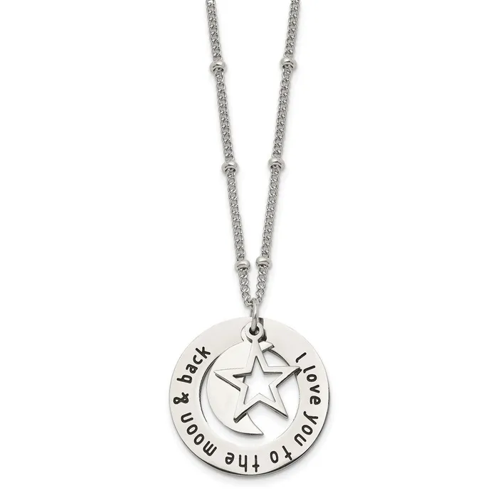 Chisel Stainless Steel Polished Enameled I LOVE YOU TO THE MOON BACK with Moon and Star Pendant on a 20in Beaded Chain Necklace TreasureFineJewelers Necklaces