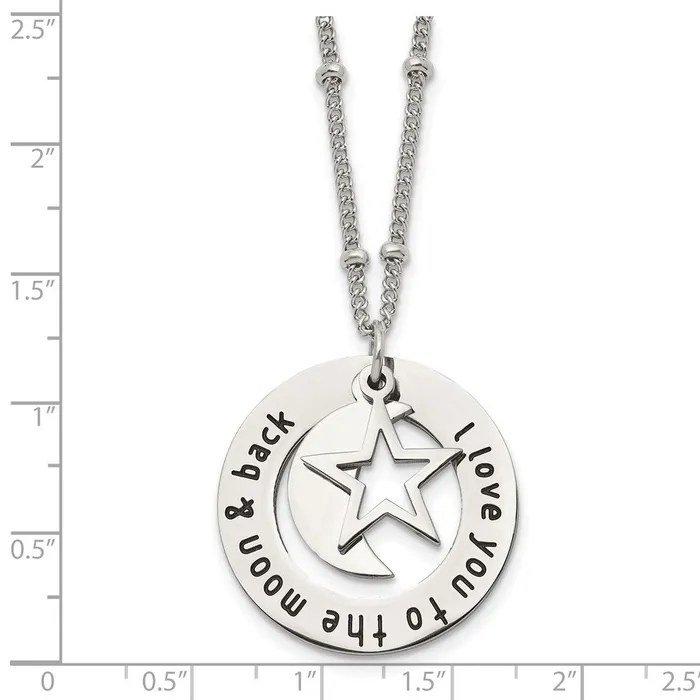 Chisel Stainless Steel Polished Enameled I LOVE YOU TO THE MOON BACK with Moon and Star Pendant on a 20in Beaded Chain Necklace TreasureFineJewelers Necklaces